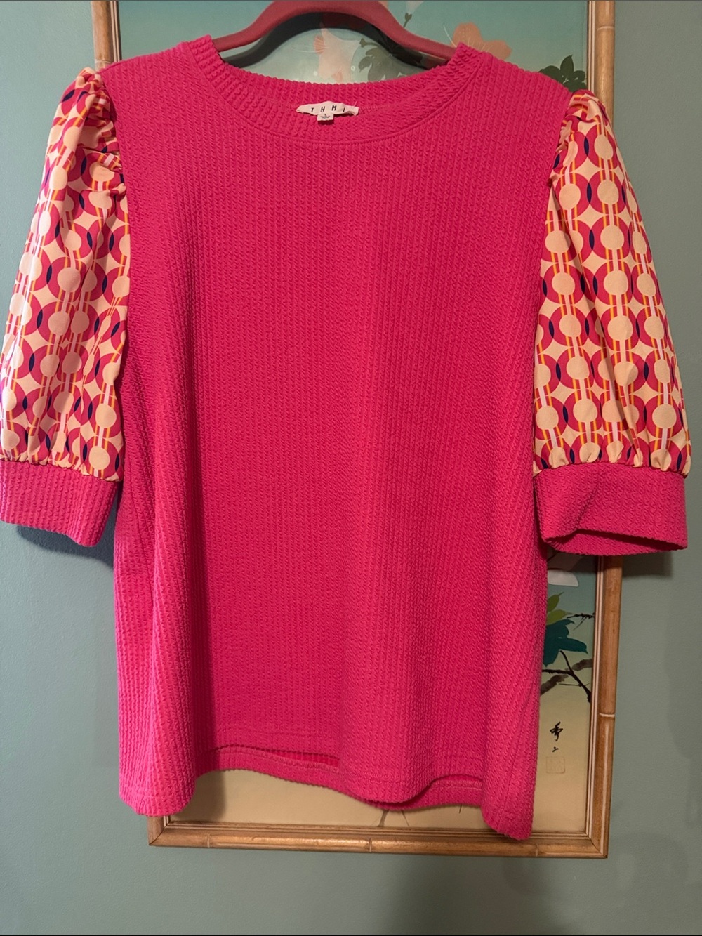 THML Hot Pink Knit Top with Printed Puff Sleeves